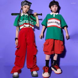 Stage Wear 2023 Ballroom Hip Dance Rave Clothes For Kids Green T-Shirts Red Cargo Pants Suit Girls Jazz Performance DQS13117