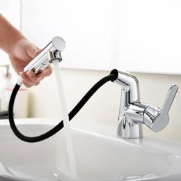 Bathroom Sink Faucets Solid Brass Chrome Plating Pull Out Spray Kitchen Basin Water Faucet Mixer Tap Swivel Spout Cold