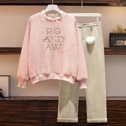 Women's Two Piece Pants Women Trouser Winter Warm Suit Letter Print Pink Sweater Pullover Top And Woollen Pant Set Outfit Outwear Thicken