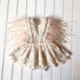 Rompers Princess Infant Baby Girls Lace Embroidery Romper Dress Sweet Feathers Fly Sleeve Backless White Jumpsuit Summer 230608