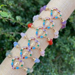 Strand 2023 Bohemian Multicolor Pink Quartz Crystal Beads Rope Bracelets For Women Girls Ethnic Heart Virgin Mary Charm Wrap Bracelet