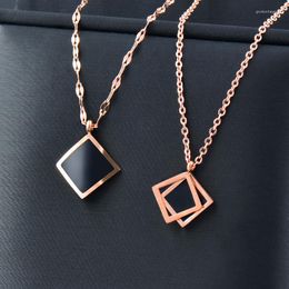 Pendant Necklaces SINLEERY Stainless Steel Black Enamel Square Necklace For Women Rose Gold Color Choker Chains Fashion Jewelry SSB