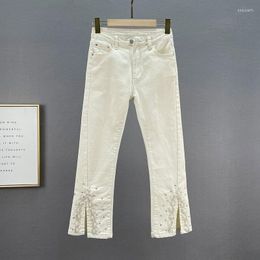 Women's Jeans For Women 2023 Spring Korean Fashion Sweet Heavy Rhinestone Slit Hemline At Hem High Waist Slim Bootcut Pants
