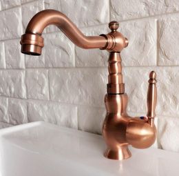 Kitchen Faucets Antique Red Copper Brass Bathroom Basin Sink Faucet Mixer Tap Swivel Spout Single Handle One Hole Deck Mounted Mnf404