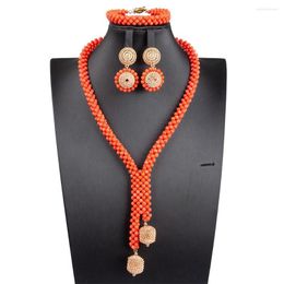 Necklace Earrings Set Orange Mini Coral Beads Long Pendant Women African Nigeria Wedding Jewelry Handmade Design Bride Party Gift 2023