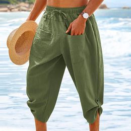 Men's Pants Mens Simple Solid Colour Cotton Linen Trouser For Men Vintage Drawstring Tie-up Long Summer Casual Loose Beach Haren Pant