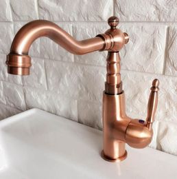 Kitchen Faucets Antique Red Copper Brass Bathroom Basin Sink Faucet Mixer Tap Swivel Spout Single Handle One Hole Deck Mounted Mnf410