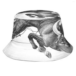 Berets Flick-Showjumping Horse Pattern Design Printed Travel Bucket Hats Showjumping Equine Equestrian Black And White Graphite