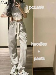 Women's Two Piece Pants Women Sets Fashion Preppy Korean Style Ins Simple Streetwear Sporty All-match Loose Casual Crop T-shirts 2 Chic