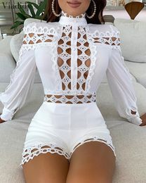 Women's Jumpsuits Rompers Lace Patchwork Long Sleeve Hollow Out Playsuits White Black Women Regular Rompers 230608