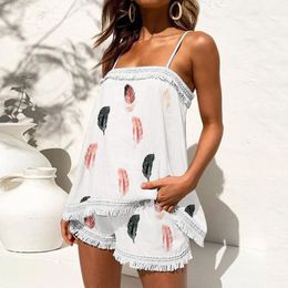 Women's Two Piece Pants Summer Loose Shorts Outfits Women Sexy Two Piece Boho Sling Tassel Floral Sets Cami Tops And Shorts Beach Sets Holiday Outfits 230608