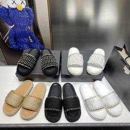 Women sandals c c Tweed Leather slipper Straw Woven hemp rope Slides Channel Sandals Slip On Wedge Flats Fashion chains Beach Mule Brand Flip Flops Casual Slides Shoes
