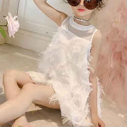 Girl's Dresses Summer Girls Dress Princess Style Back Bow Feather Chiffon Mesh Teens For 5 7 9 11 13 Years Big Children Clothing 230609