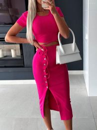 Two Piece Dress Women Sexy 2 Outfits Sets Sleeveless Crop Knit Top Split Maxi Skirt Set Bodycon Y2k (Rosy Red S)