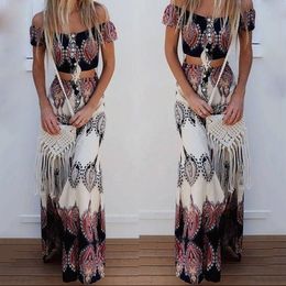 Two Piece Dress Women Summer Skirt Sets Outfits Boho Slash Neck Sexy Strapless Off Shoulder Crop Tops Beach Maxi Skirts Two Pieces Dress Suits 230608