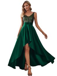 Long Sweety Formal Evening Dresses Hi-Lo Spaghetti Sequins Deep V-Neck Satin A-Line Plus Size Prom Party Gowns 12
