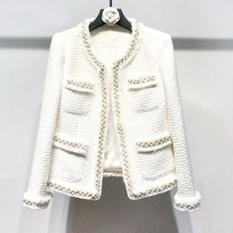 Women's Jackets White tweed women jacket Hand-made beads spring autumn winter Woollen coat Wool classic jacket Ladies 230608