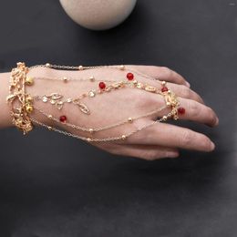 Bangle India Belly Dance Open Ring For Women Red Crystal Beads Bell Long Chains Bangles On Hand Jewellery Accessories Gifts