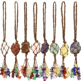 Charms 6pc Natural Raw Stone Pendant Woven Net Bag Chip Energy Crystal Tassel Car Hanging Keychain Healing Meditation Yoga Gift