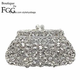 Shoulder Bags Boutique De FGG Flower Crown Minaudiere Clutch Silver Crystal Evening Handbag Women Party Prom Bag Bridal Clutches Wedding Purse