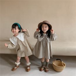 Girls Dresses 8486 Clothes Casual Dress Autumn Korean Cotton Linen Princess Big Turn Down Collar Plaid 230608