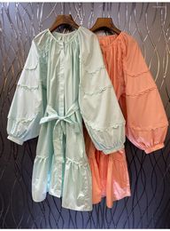 Casual Dresses High Quality 2023 Spring Summer Dress Women Ruffle Flower Deco Belted Lantern Sleeve Loose Green Orange Club