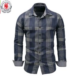 Men's Casual Shirts Fredd Marshall Men Long Sleeve Patchwork Plaid Denim Dress Shirt 100% Cotton Male Business Social Shirts Brand Men Clothing 230608