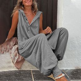 Tute da donna Pagliaccetti Beach Crosspants Playsuit Moda Sciolto Solido senza maniche Pagliaccetto con cappuccio Streetwear Bottone vintage Tuta Estate Donna Causale 230609