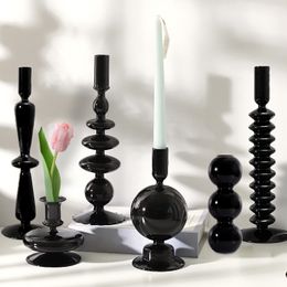 Vases Black Glass Vases Glass Candle Holders for Wedding Home Flower Vase Decoratio Candlestick Holder Modern Living Room Decor 230608