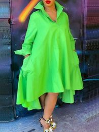 Plus Size Shirt Dress Women 2023 Spring Summer Long Sleeve Solid Green Loose Single Breasted Irregular Long Dresses