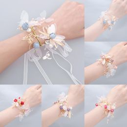 Decorative Flowers Girls Bridesmaid Wrist Bracelet Wedding Party Corsage Hand Ribbon Rose Pearl Bow Bridel Gifts