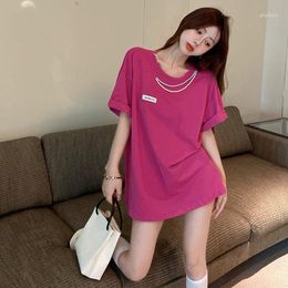 Women's T Shirts Fashion Retro Pearl Necklace Design Temperament All-Match Short-Sleeved T-Shirt Women