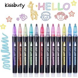 Markers 812 Colors Outline Paint Marker Glitter Pen Double Lines Art Pens Highlighter Drawing Scrapbooking Painting Doodling 230608