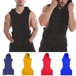 Men's Tank Tops Guys Gym Clothing Mens Bodybuilding Hooded Top Men Sleeveless T Shirt Running Vest Workout Sportswear