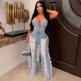 Women's Jumpsuits Rompers Vintage Hole Tassel Denim Jumpsuit Women Fashion Sexy Off The Shoulder V Neck Rivet Club Party Romper Y2K One Pieces 230608