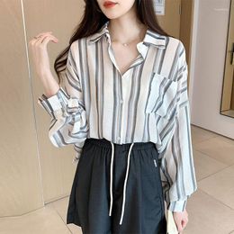 Women's Blouses Black Stripe Print Chiffon Shirt Long Sleeve Turn Down Collar Blouse 2023 Spring Summer Korean Style Fashion Elegant