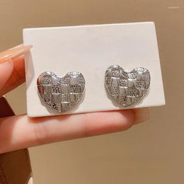 Stud Earrings Grid Heart For Women Girls Silver Colour Korean Cute Metal Wedding Party Fashion Jewellery Accessories Gift
