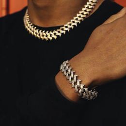 Wedding Jewelry Sets 15mm Ice Out Cubic Zirconia Bracelet Silver Color Rivets Spike Box buckle Thorns Cuban Necklace Hip Hop Men Fashion Set 230608