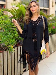 Casual Dresses Tassel Beach Dress 2023 Cover-Ups Tunic Beach Wear Women Swimsuit Black Swimwear Bathing Suits Backless Cover Ups J230609