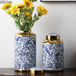Storage Bottles Gold Plated Ginger Jar Tea Canister Candy Pots Blue And White Porcelain Jars Desk Decoration Flower Arrangement Vase