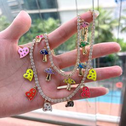 Pendant Necklaces 3Pcs Short Sparking Zircon Tennis Chain Chocker Necklace With Colorful Enamel Heart CZ Fashion Women Collar Jewellery