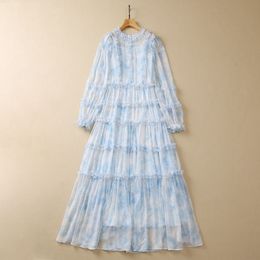 Summer Pink / Blue Floral Print Panelled Chiffon Dress Long Sleeve Round Neck Midi Casual Dresses S3A240420