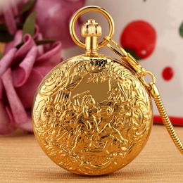 Pocket Watches Battle Scene Pattern Watch Gold Copper Case Digital Dial Automatic Machine Clock Pendant Necklace Gorgeous Gift Neutral