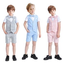 Suits Summer Little Boy's Solid Vest Set 3Piece Pants Bowtie Tuxedo For 214 Years Handmade High Quality Kid Plaid 230608