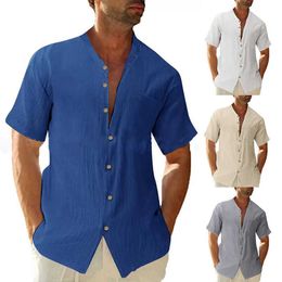 Mens cotton and linen button up shirts casual shirts short sleeves solid files handsome men summer
