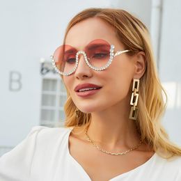 Occhiali da sole Trend catena tonda strass donna 2023 Design occhiali da sole cerchio retrò vintage occhiali da sole femminili senza montatura