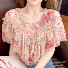 Women's Blouses Pullover Chiffon Shirt For Women Sweet Off-Shoulder Lace Stitching Ruffled Short Sleeves Beaded Loose Floral Top Summer