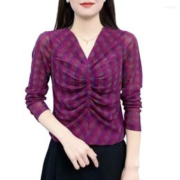 Women's Blouses 4XL 2023 Thin Women Summer Spring Lady Fashion Casual V-Neck Long Sleeve Wrinkles Clothing Tops Undershirt WY0940