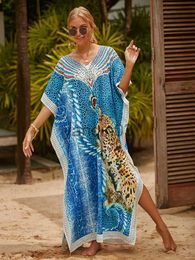 Casual Dresses Cover-ups Print Animal Kaftan Dress Loose Vneck Bohemian Maxi Dress Swimsuit Cover up Beachwear Sarong Pareo de playa para mujer J230609