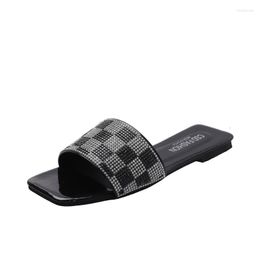 Slippers 2023 Summer Concise Chequered Women Flat Luxury Design Rhinestone Slides Flip Flops Woman Mules Shoes Plus Size